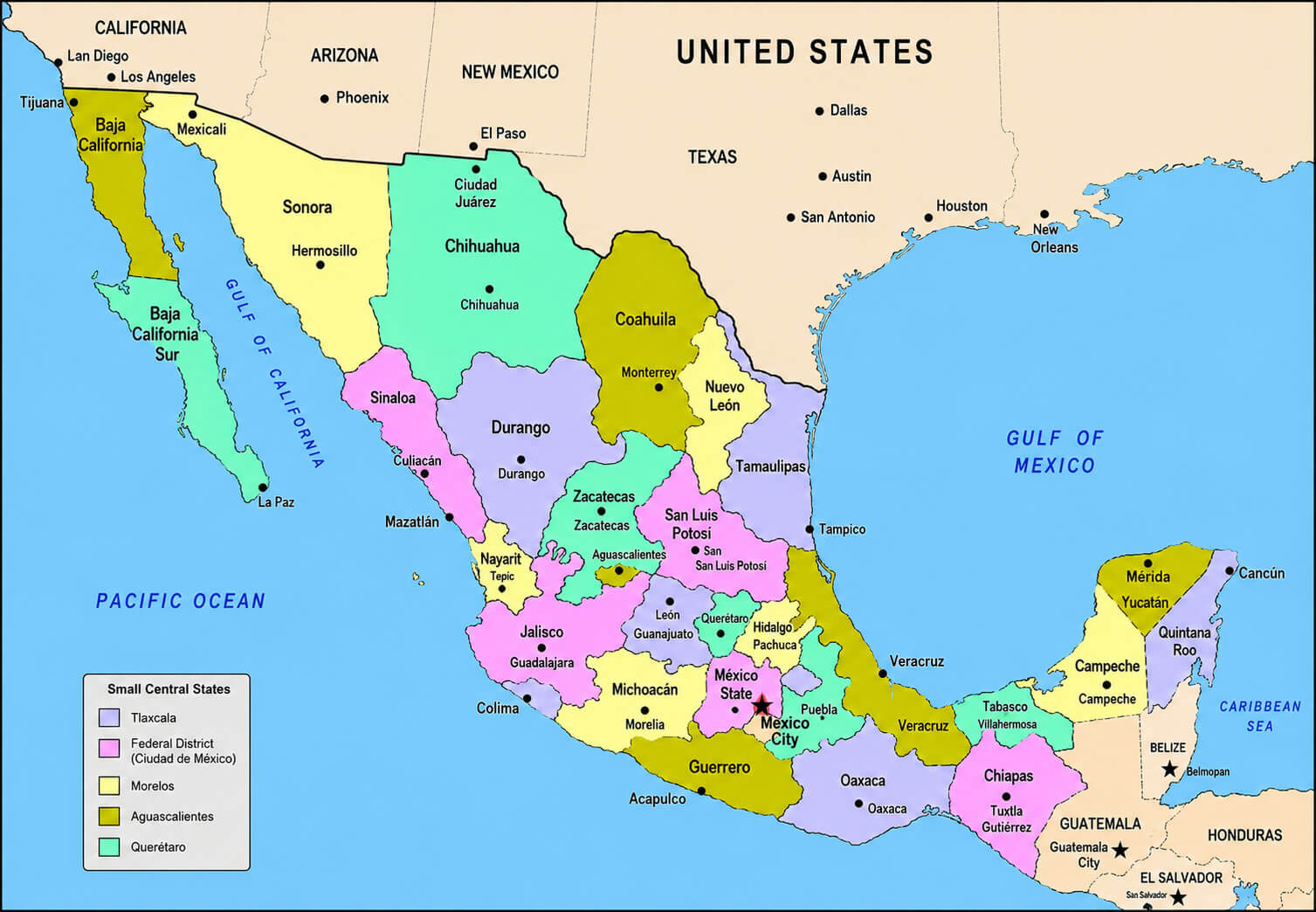Mexico regions and state map