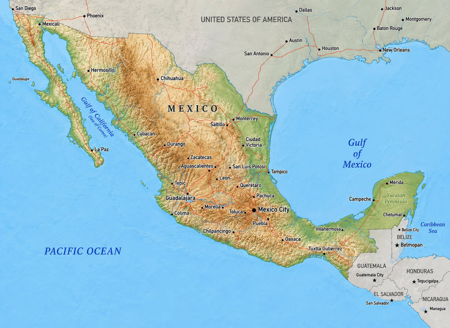 Mexico relief and elevation map