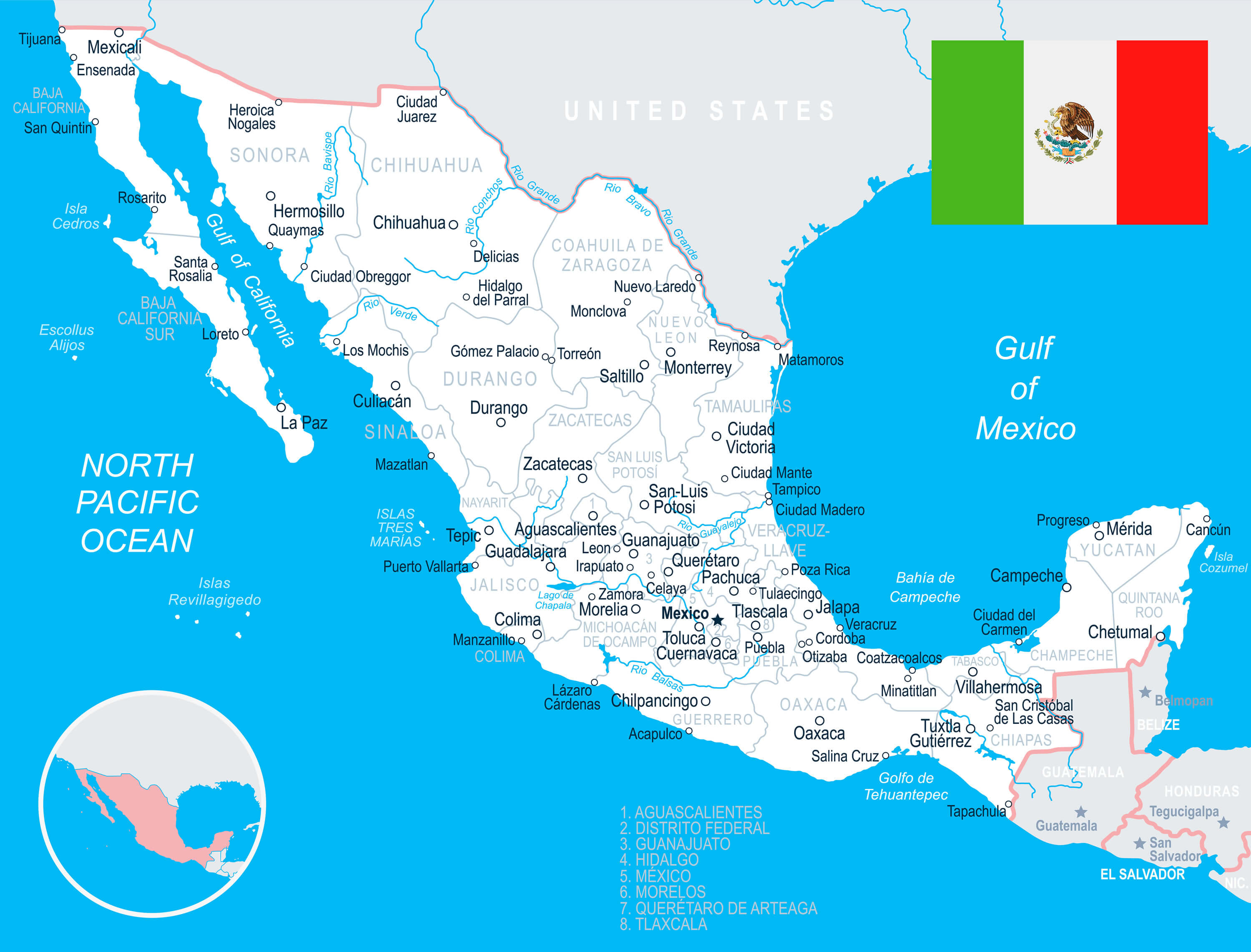 Mexico rivers map with flag
