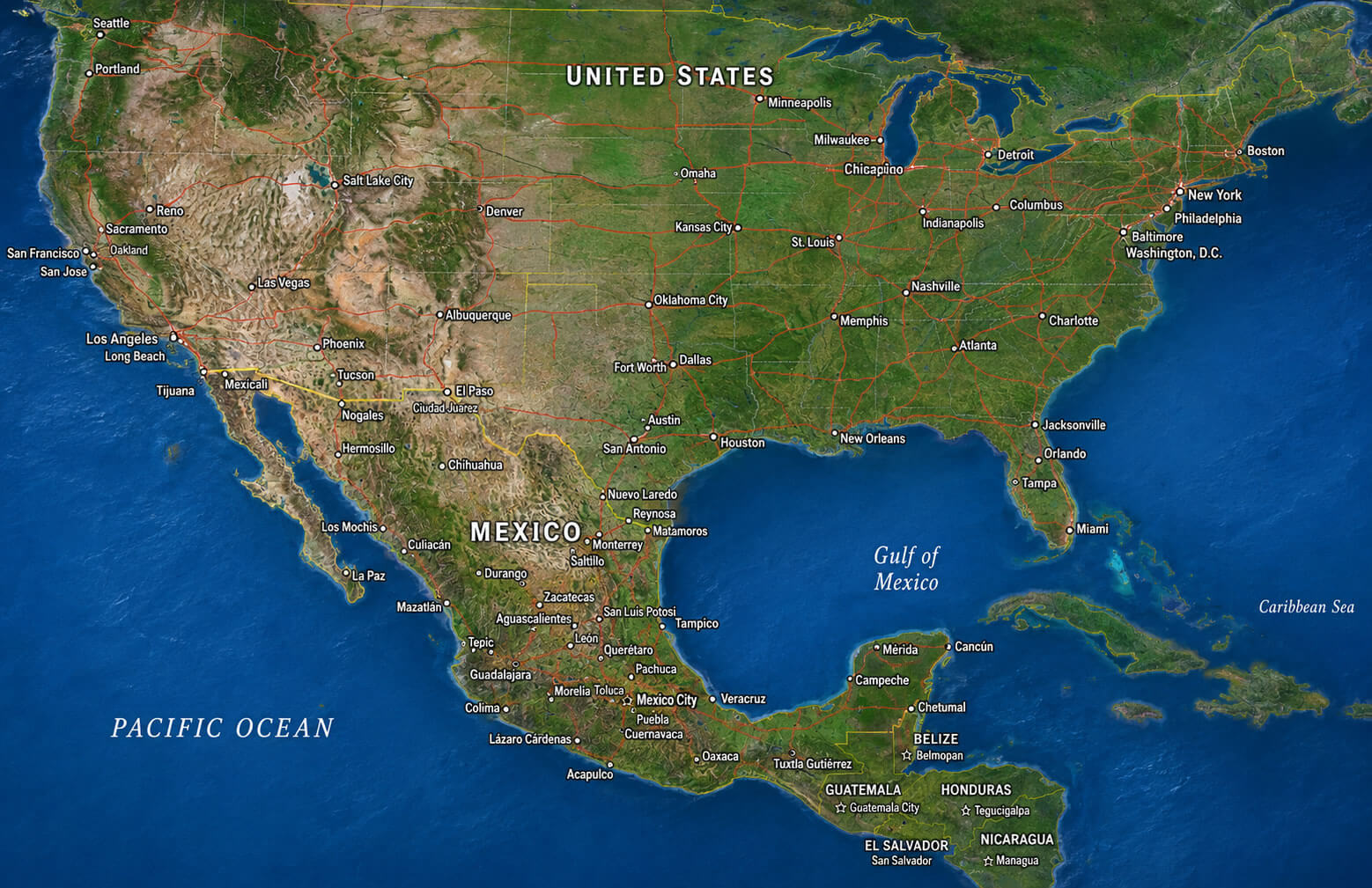 North America satellite map with Mexico