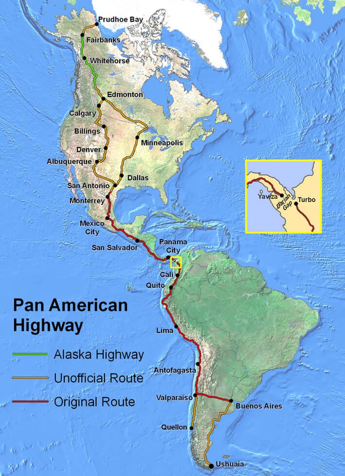 Pan ameircan highway map north south america