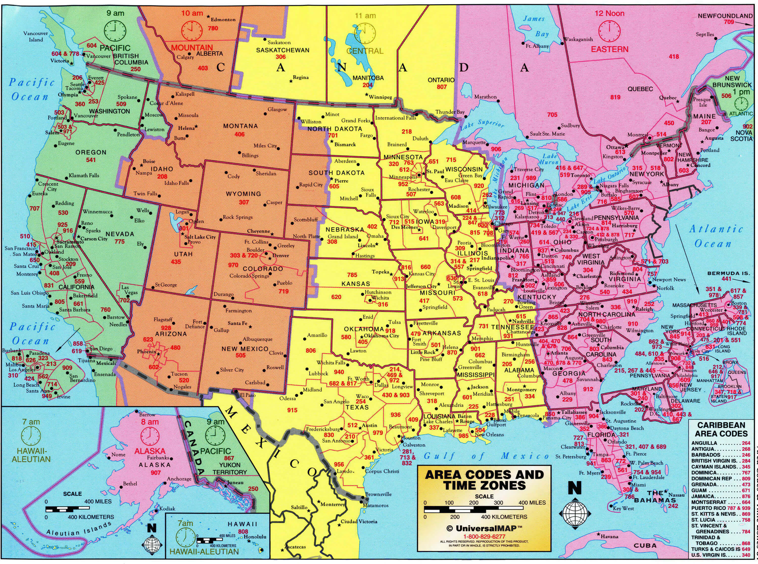 North America area code and time zone map
