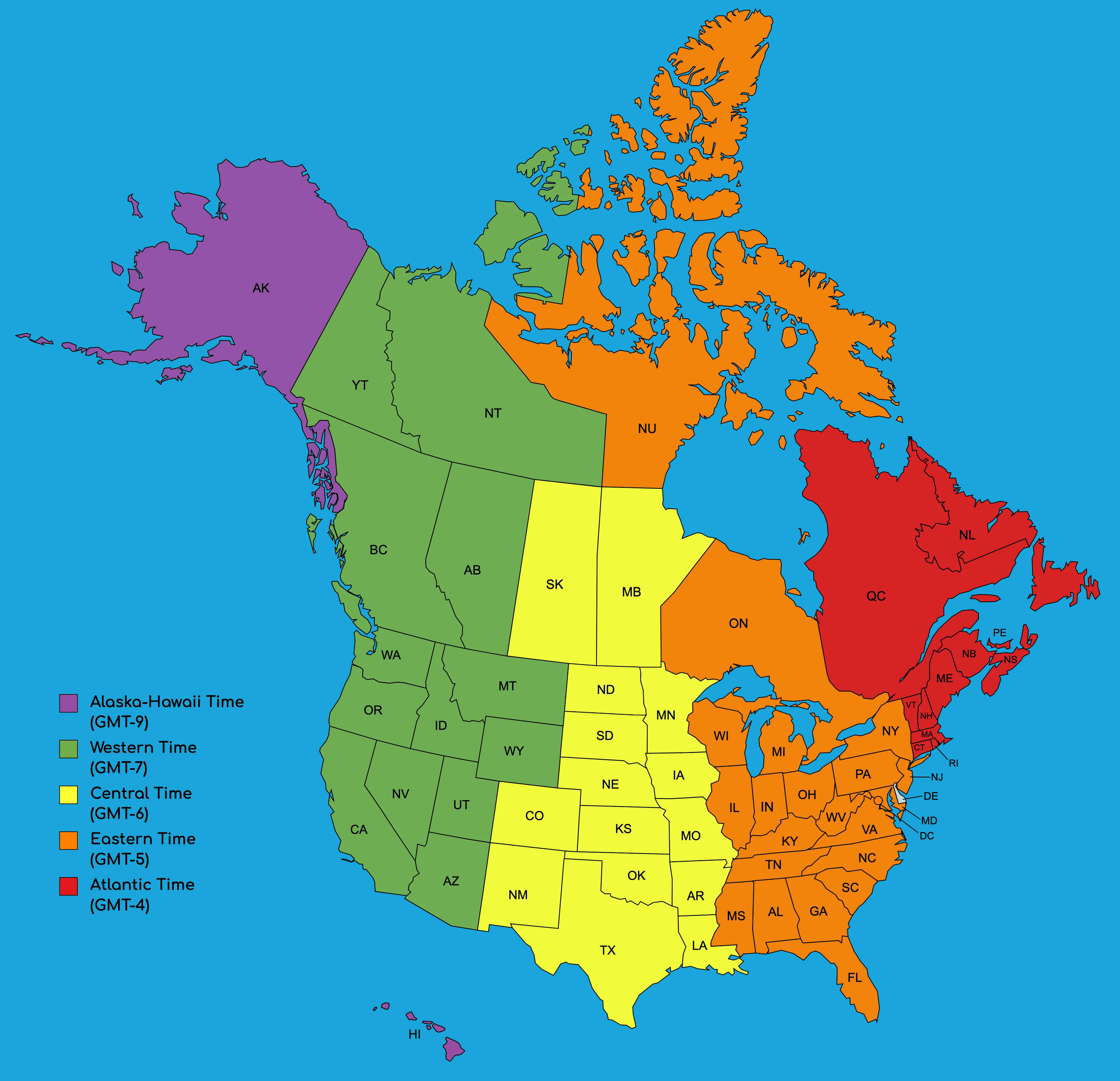 North America time zone map with US and Canada