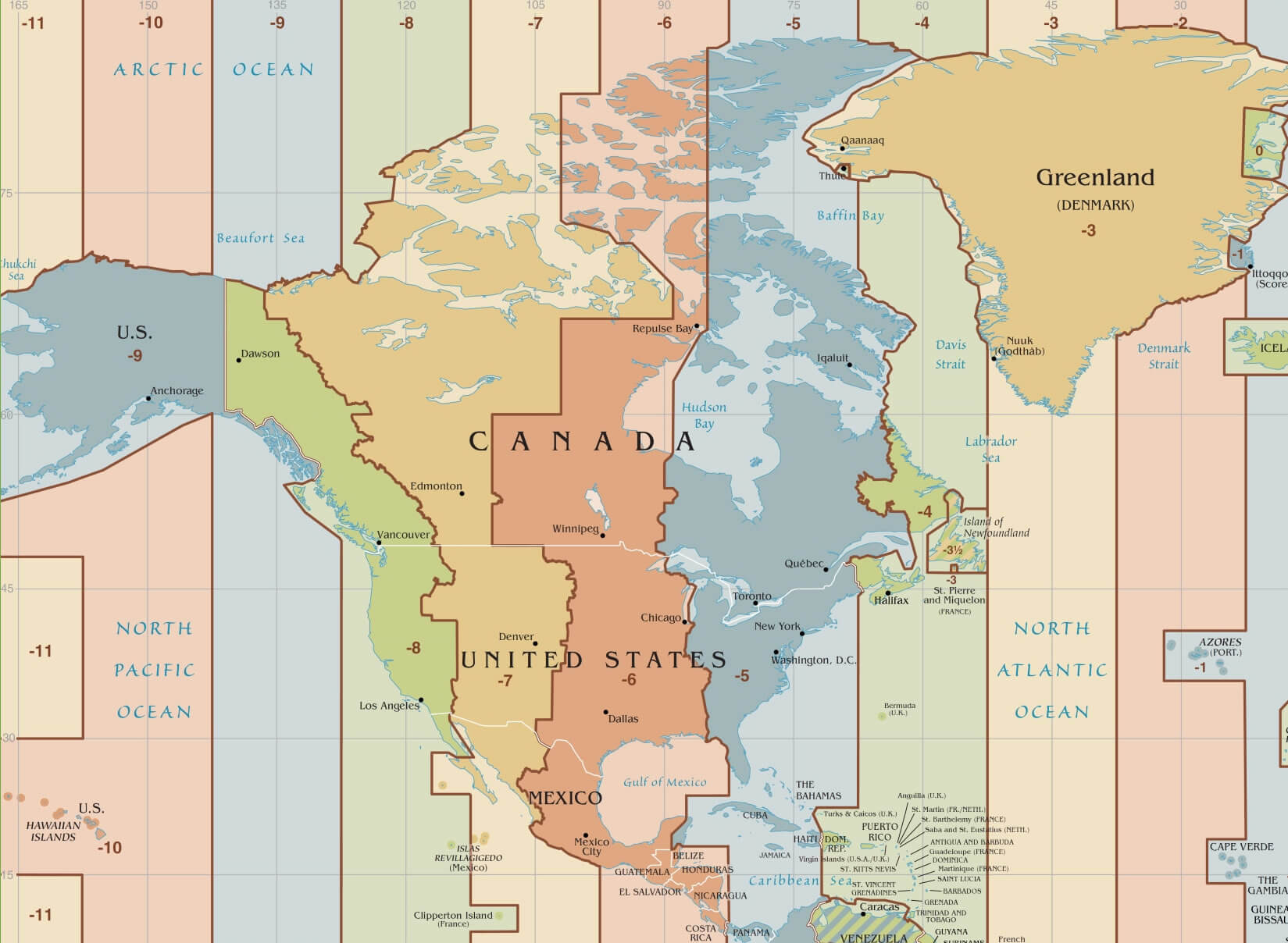 North America time zones map with US and Greenland