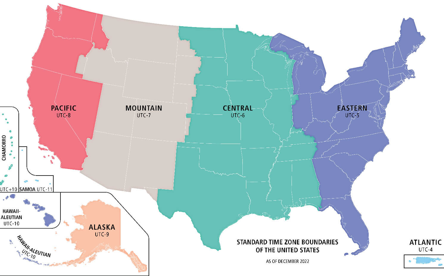 Standard time zone boundaries of the United States