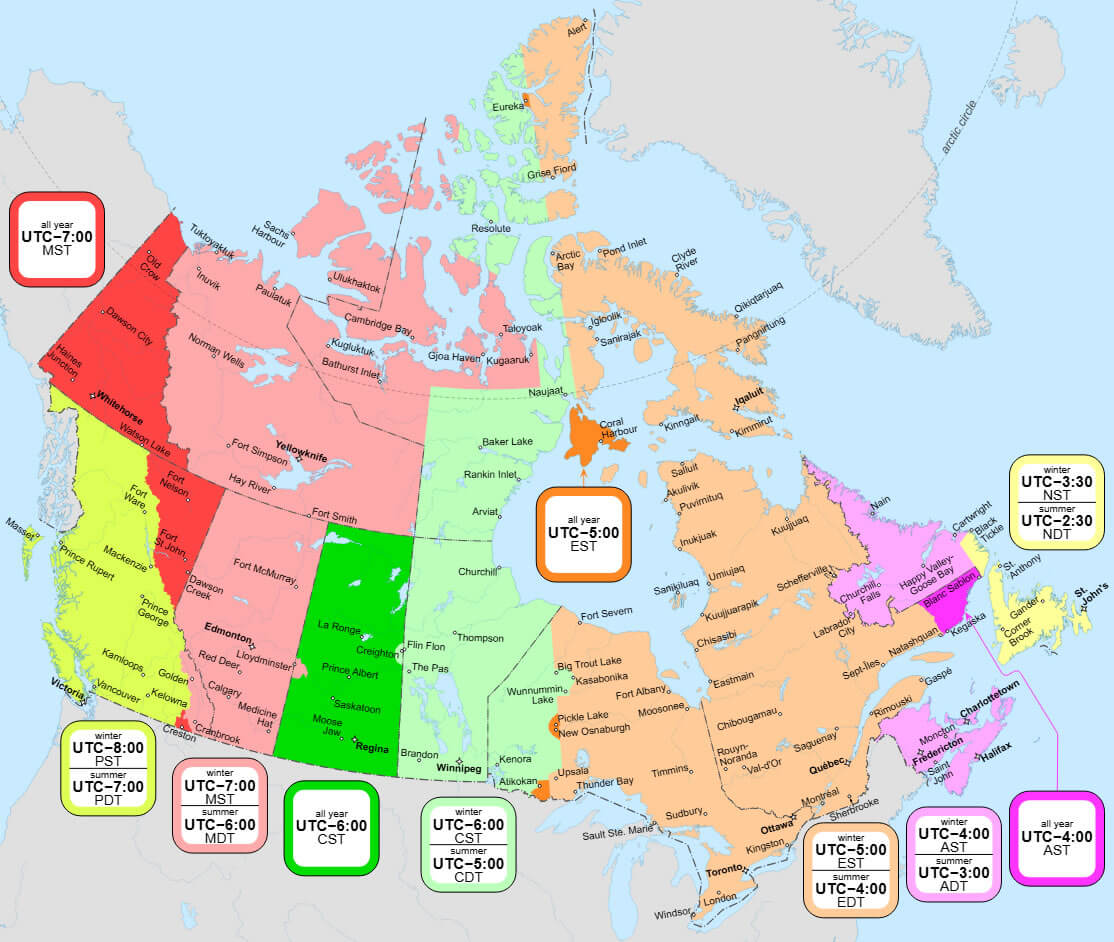 Time map in canada with cities