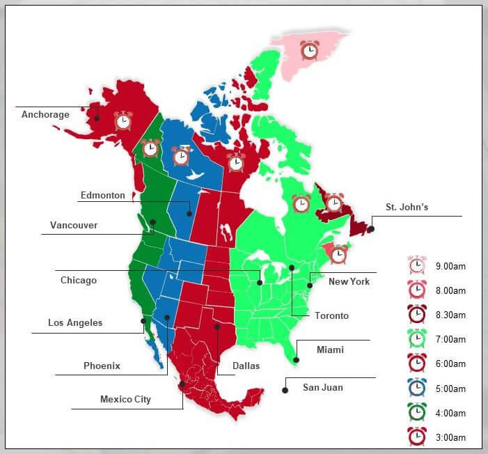 Time zone map of North America with cities