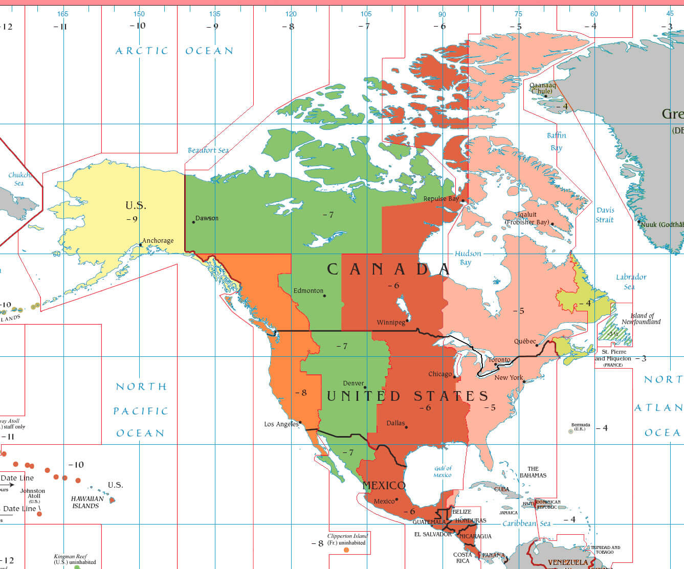 Time zone map of the US Canada Mexico