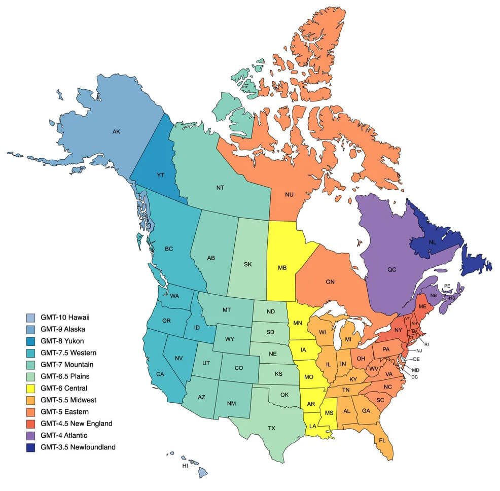 Time zones map of North America with US states