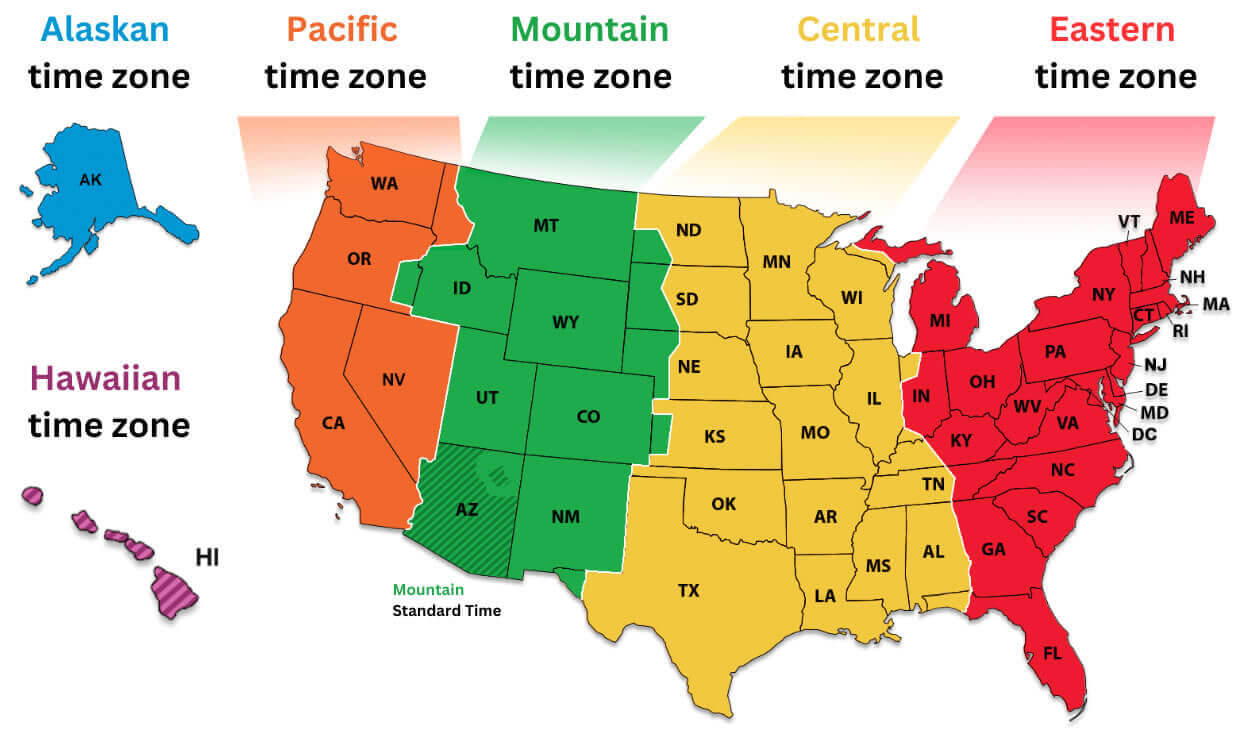 United States time zones map with US states