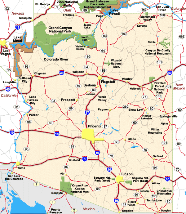 Arizona interstate map with national parks