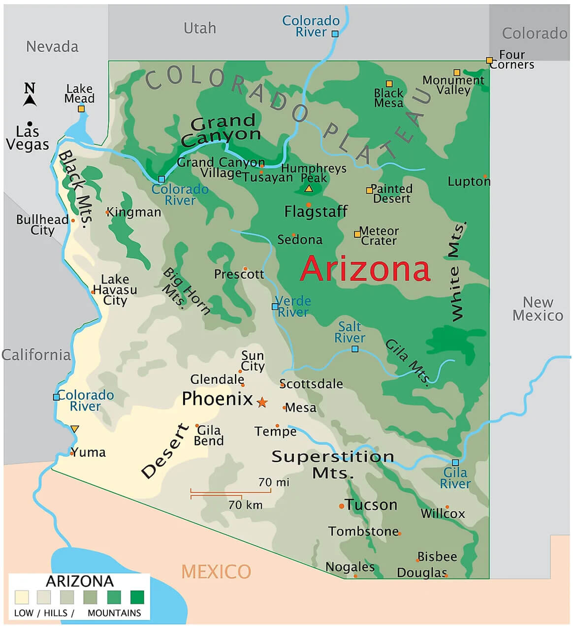 Arizona major cities and physical map