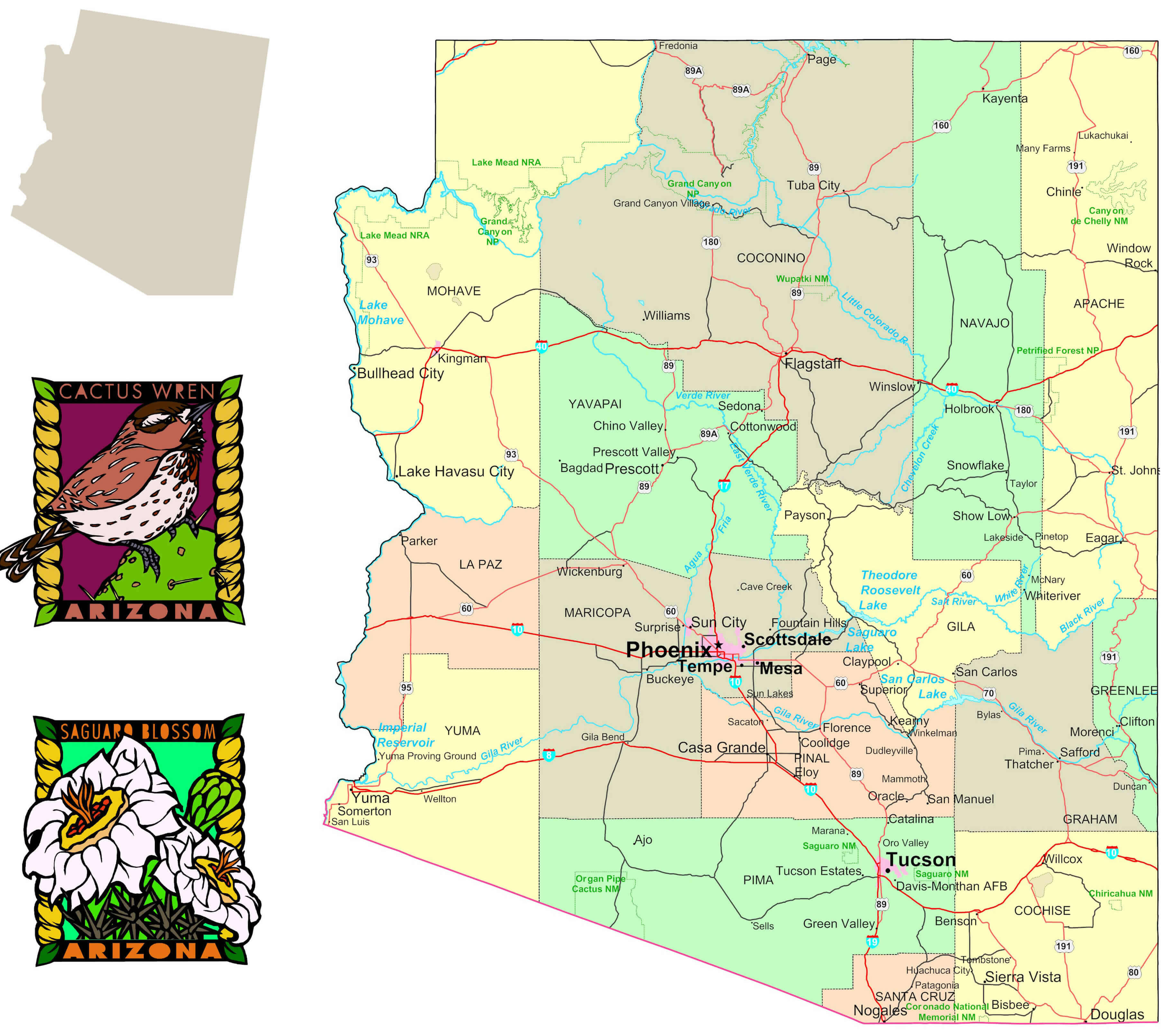 Arizona political map with counties