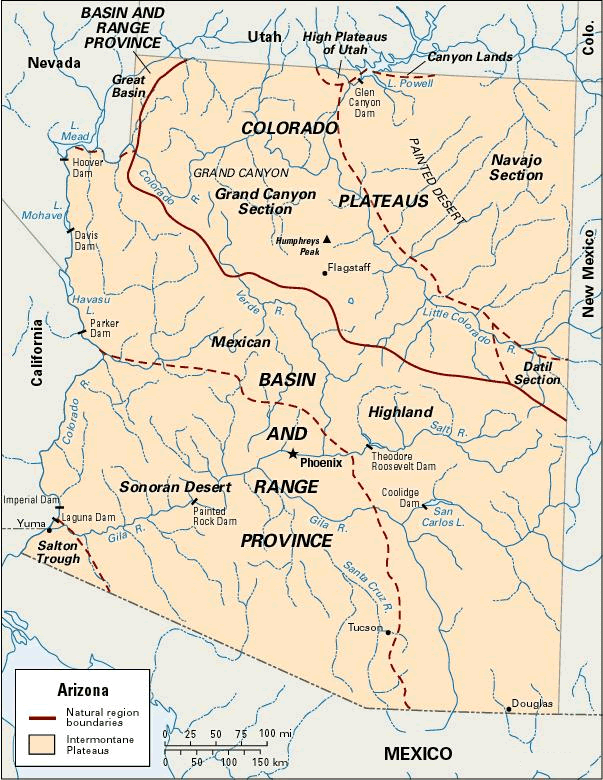 Arizona rivers map with Grand Canyon
