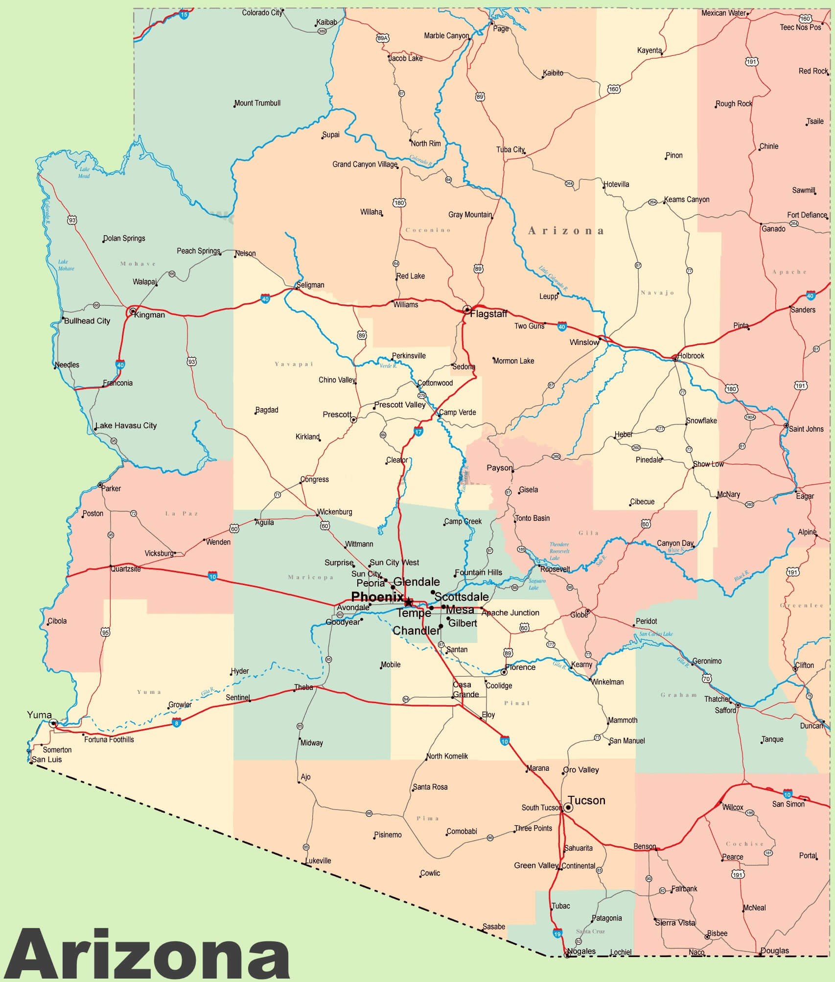 Arizona road map with cities and counties