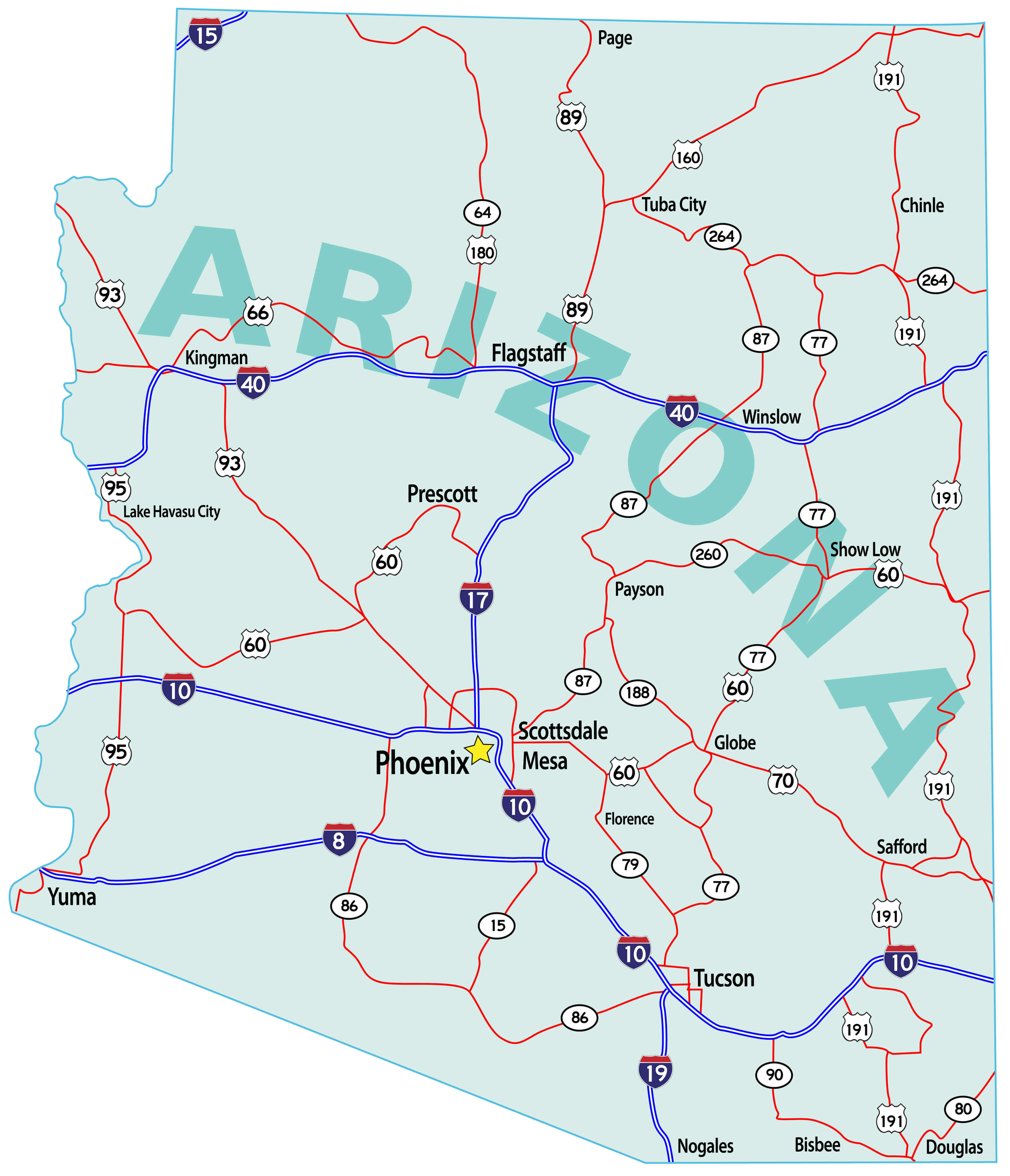 Arizona state road map with interstates