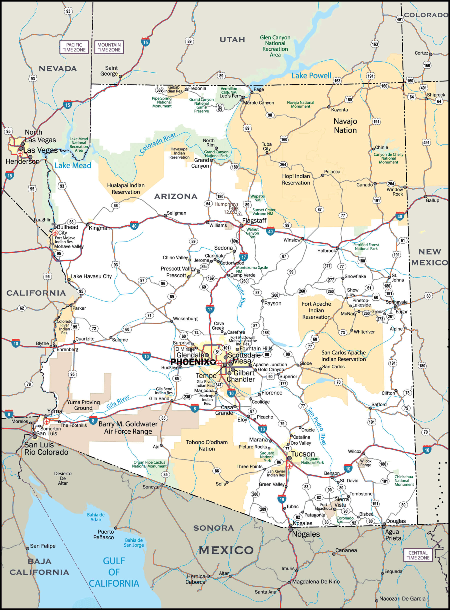 Detailed roads and highways map of Arizona state