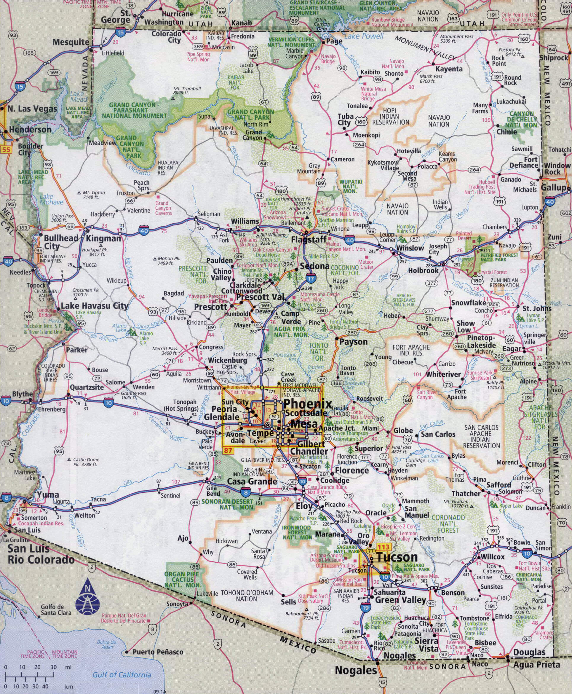 Large detailed road map of Arizona with all cities