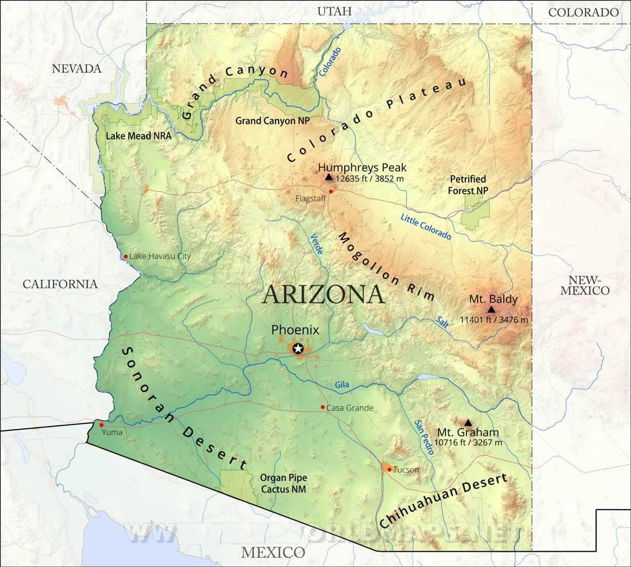 Physical map of Arizona with cities