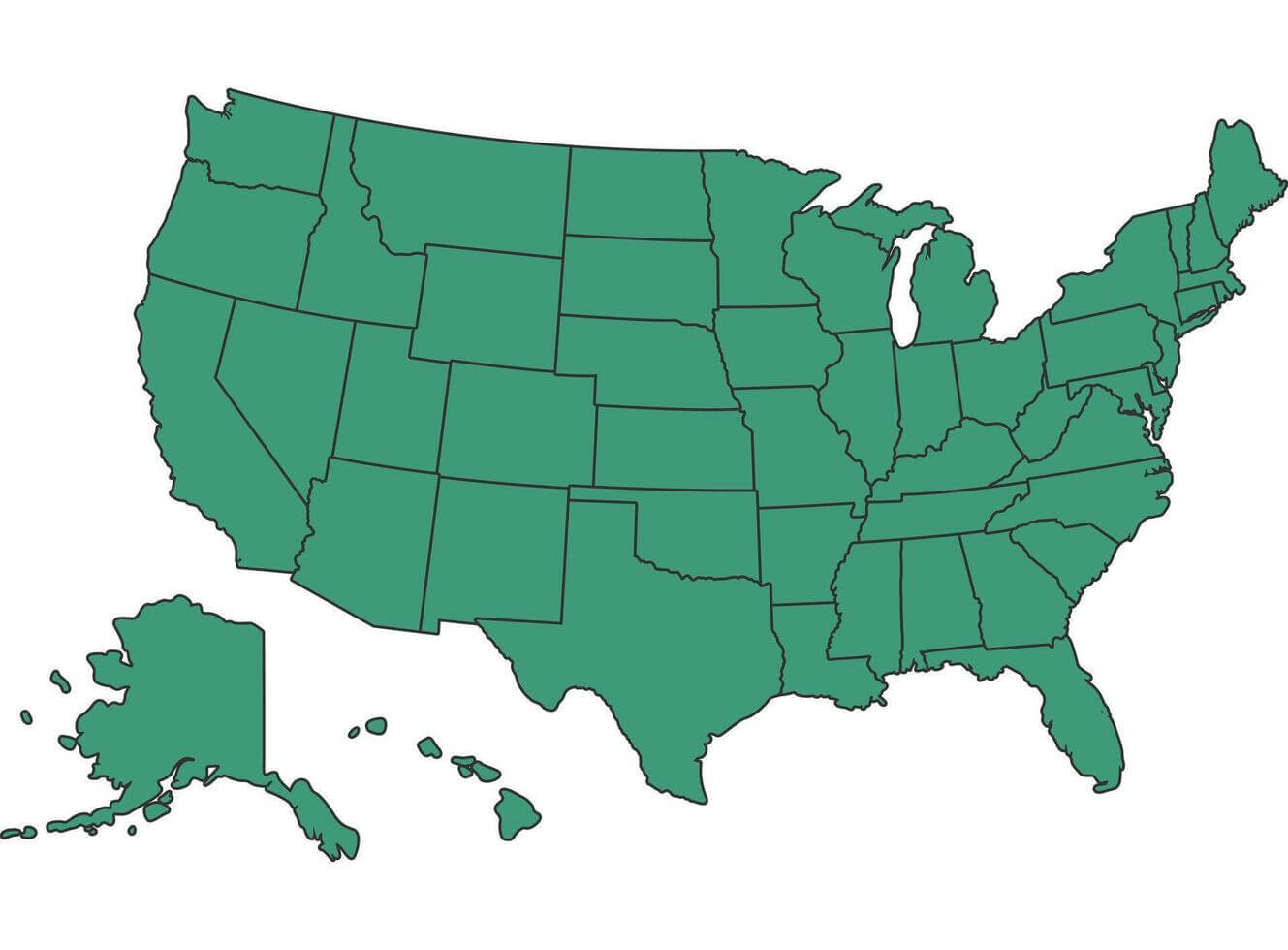 Green United States of America blank map with states border outline