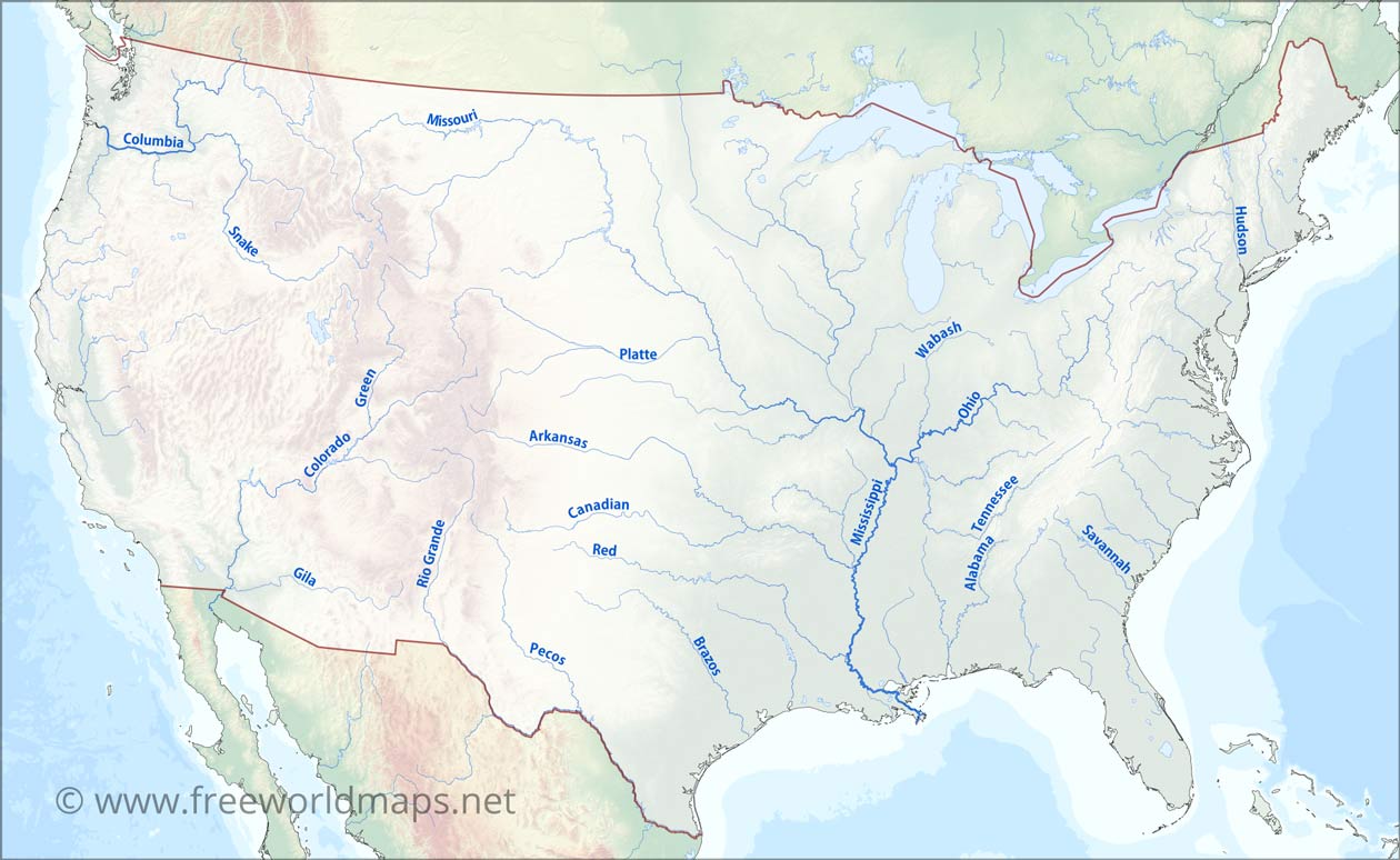 The United States blank map of major rivers