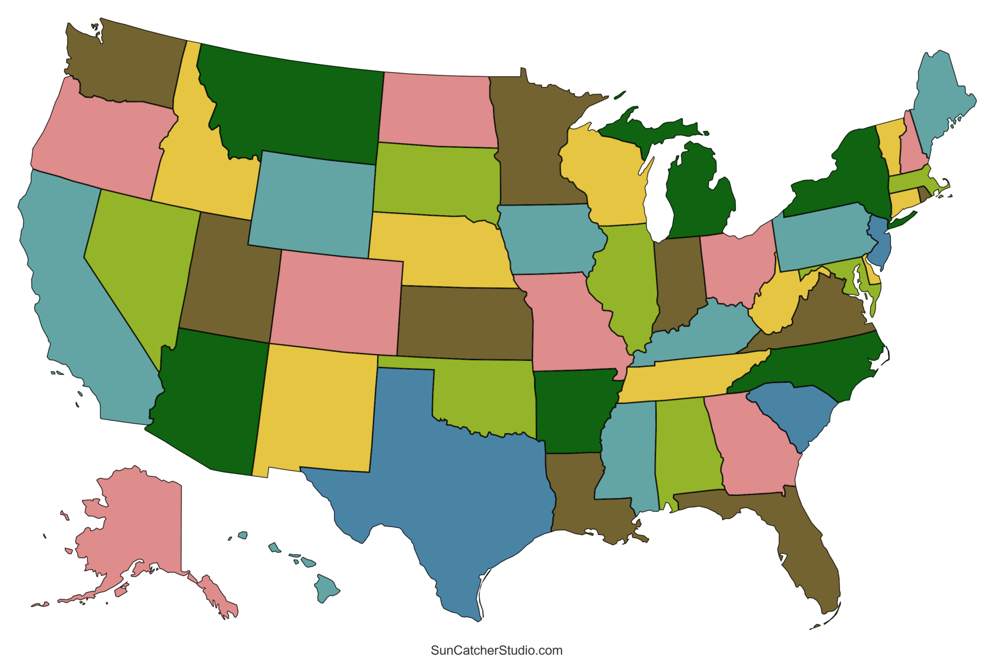 United States blank map color borders
