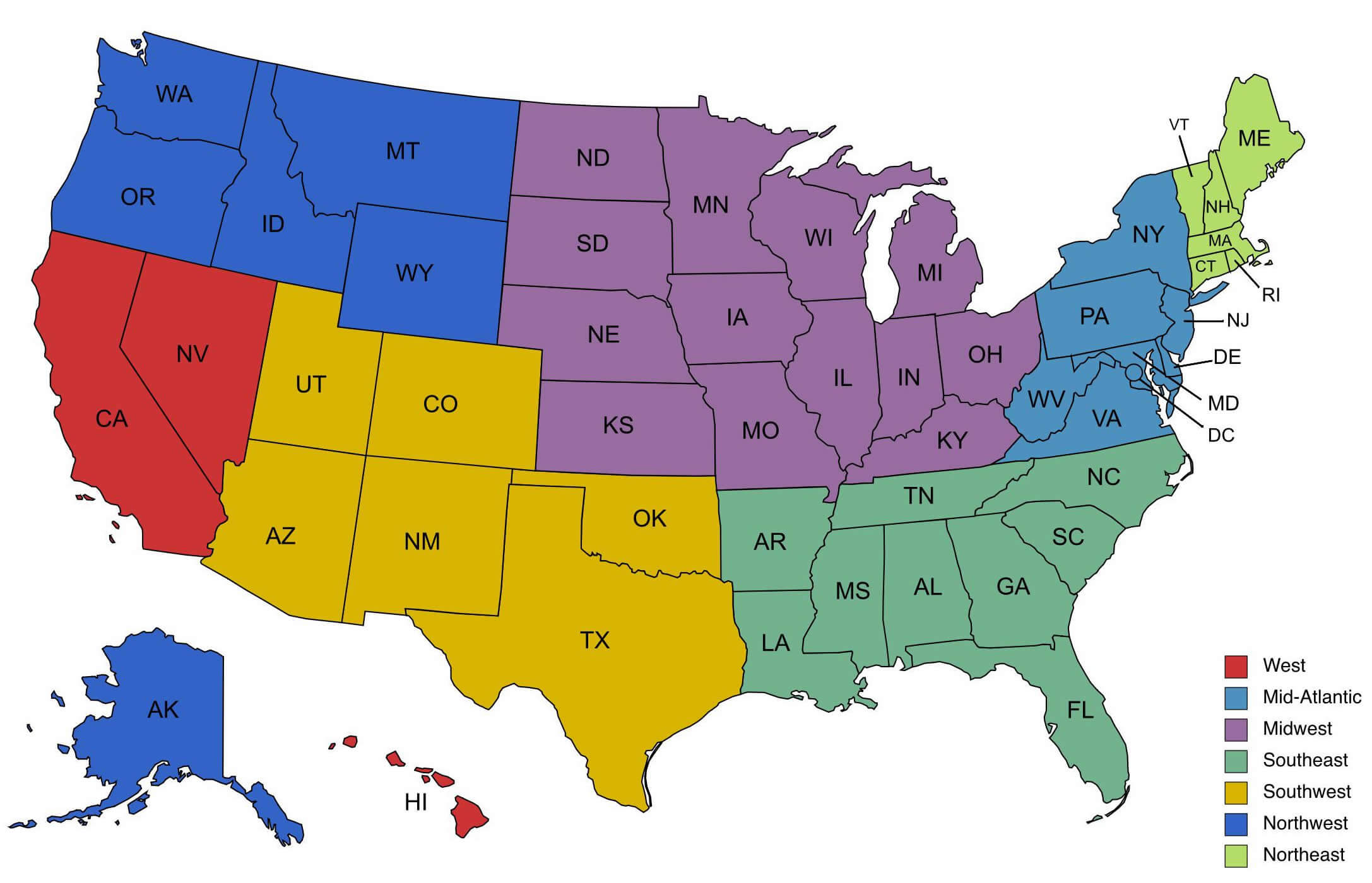 United States blank regions map by states