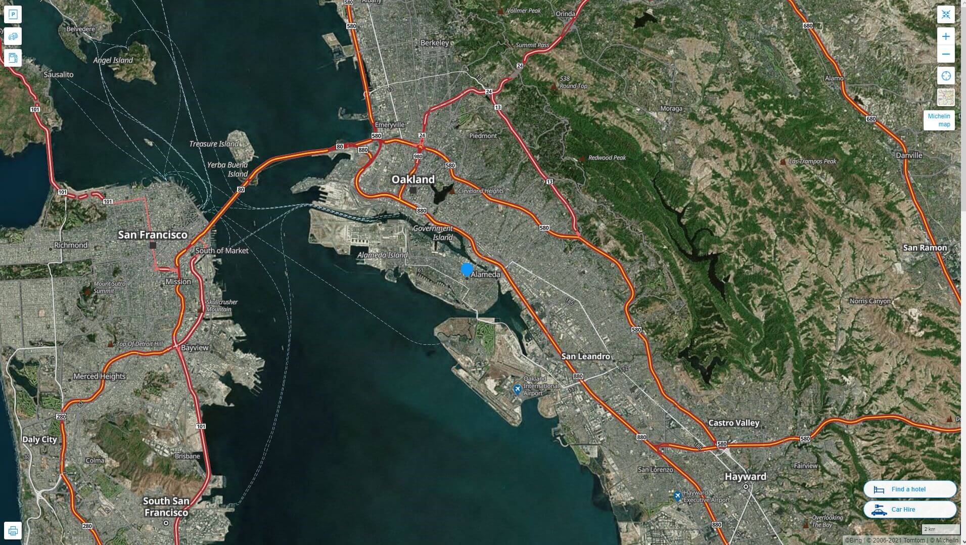 Alameda California highway and road map with satellite view