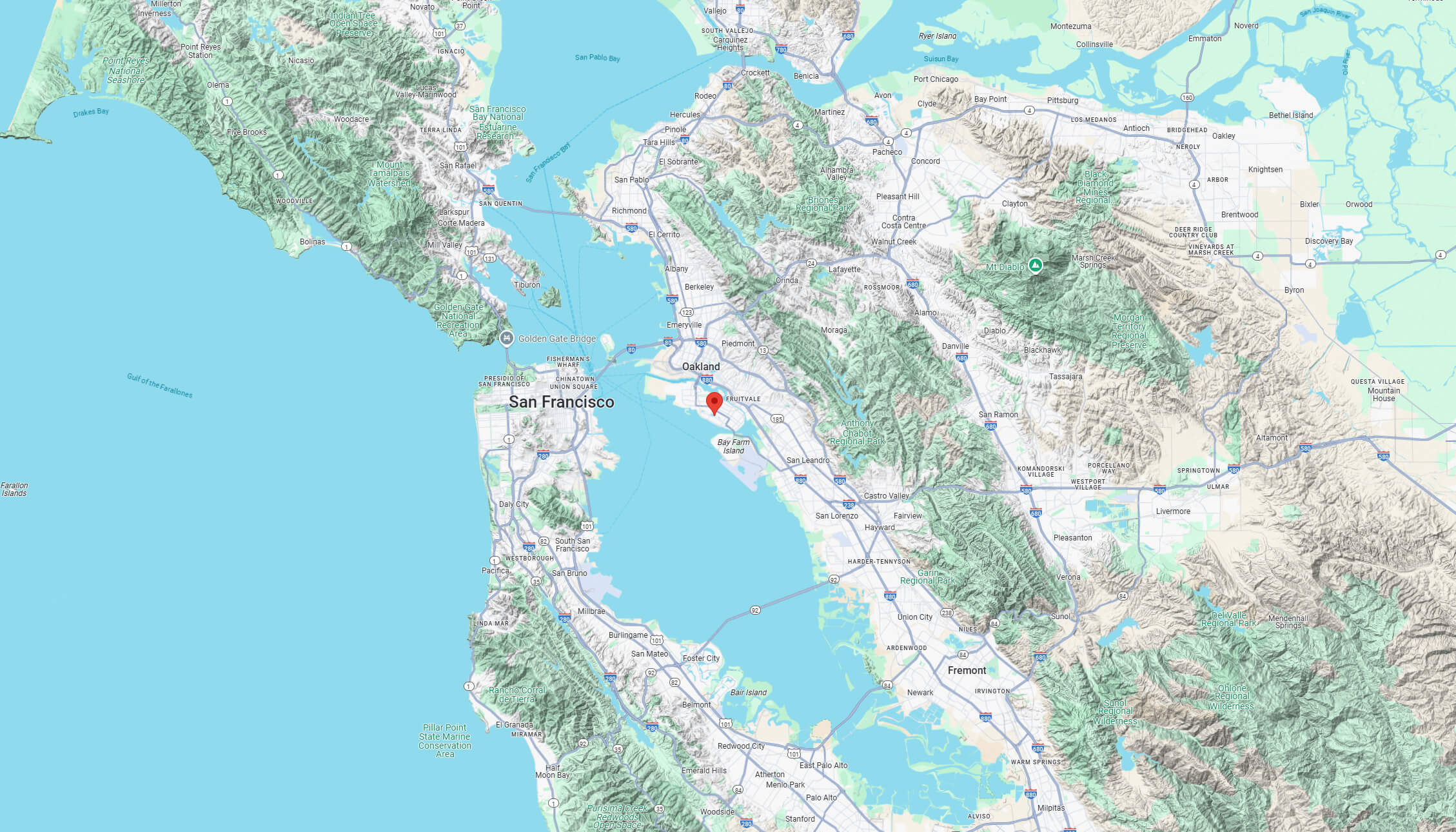 Alameda terrain map with San Francisco bay area