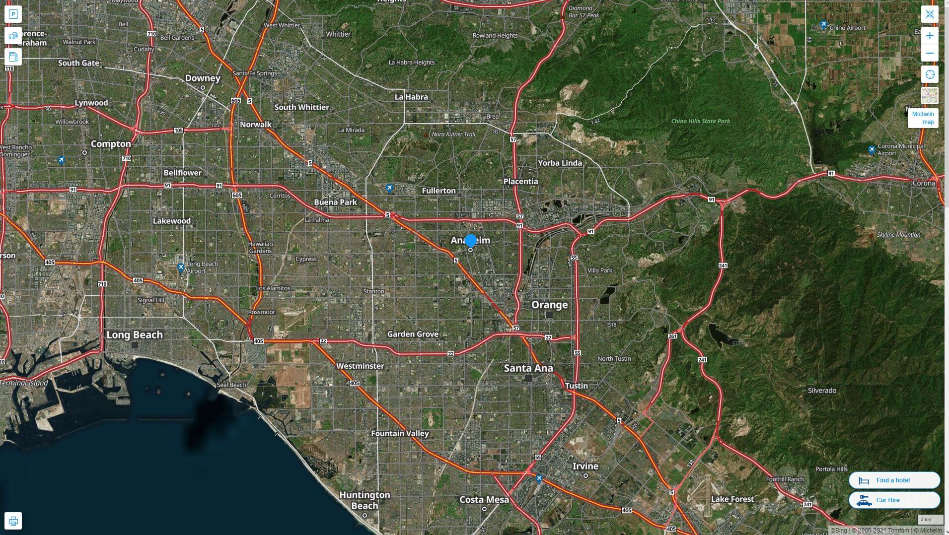 Anaheim California highway and road Map with satellite view