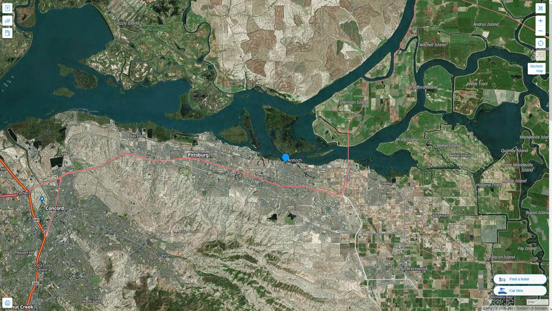 Antioch California highway and road map with satellite view