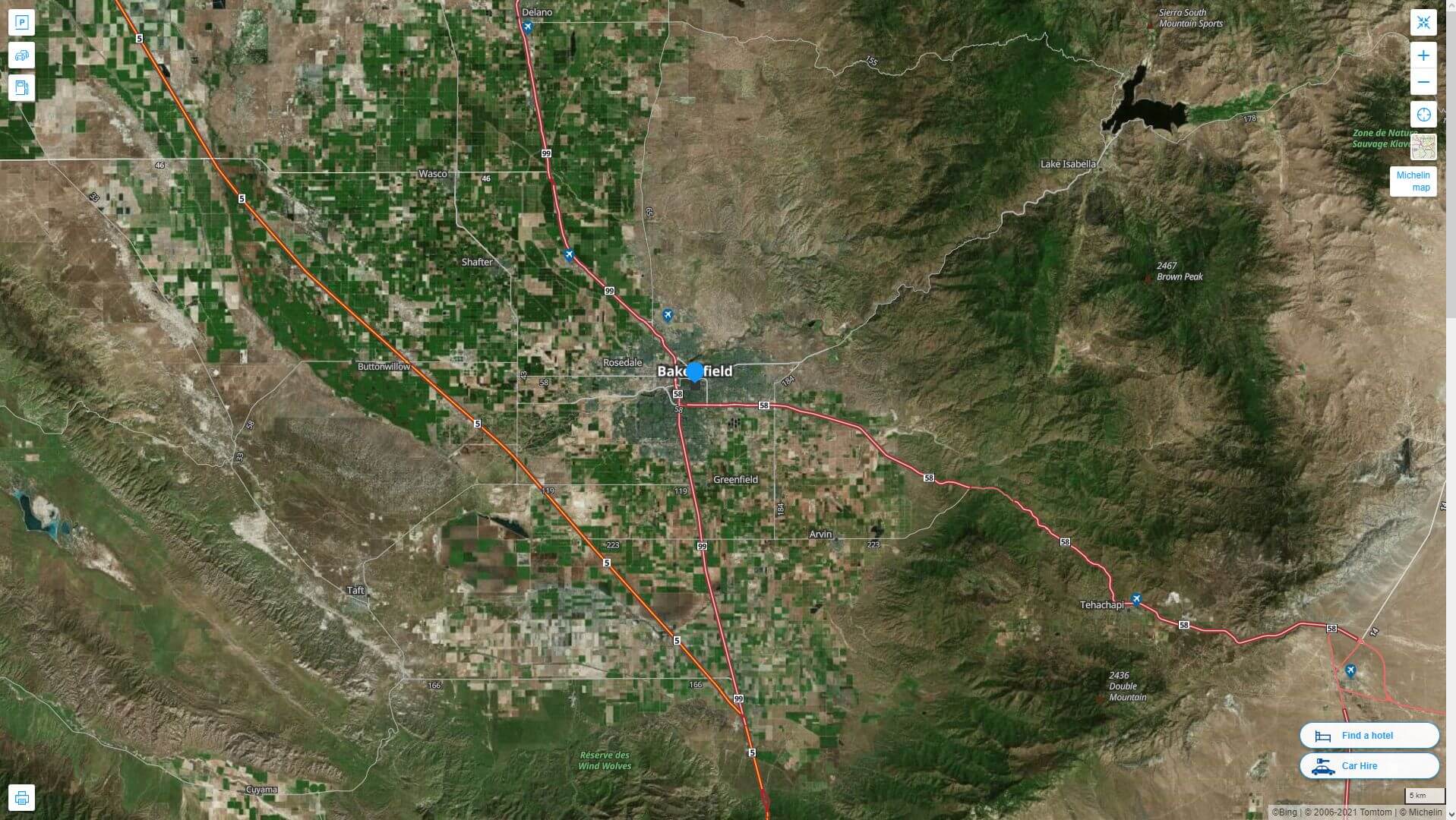 Bakersfield California highway and road map with satellite view