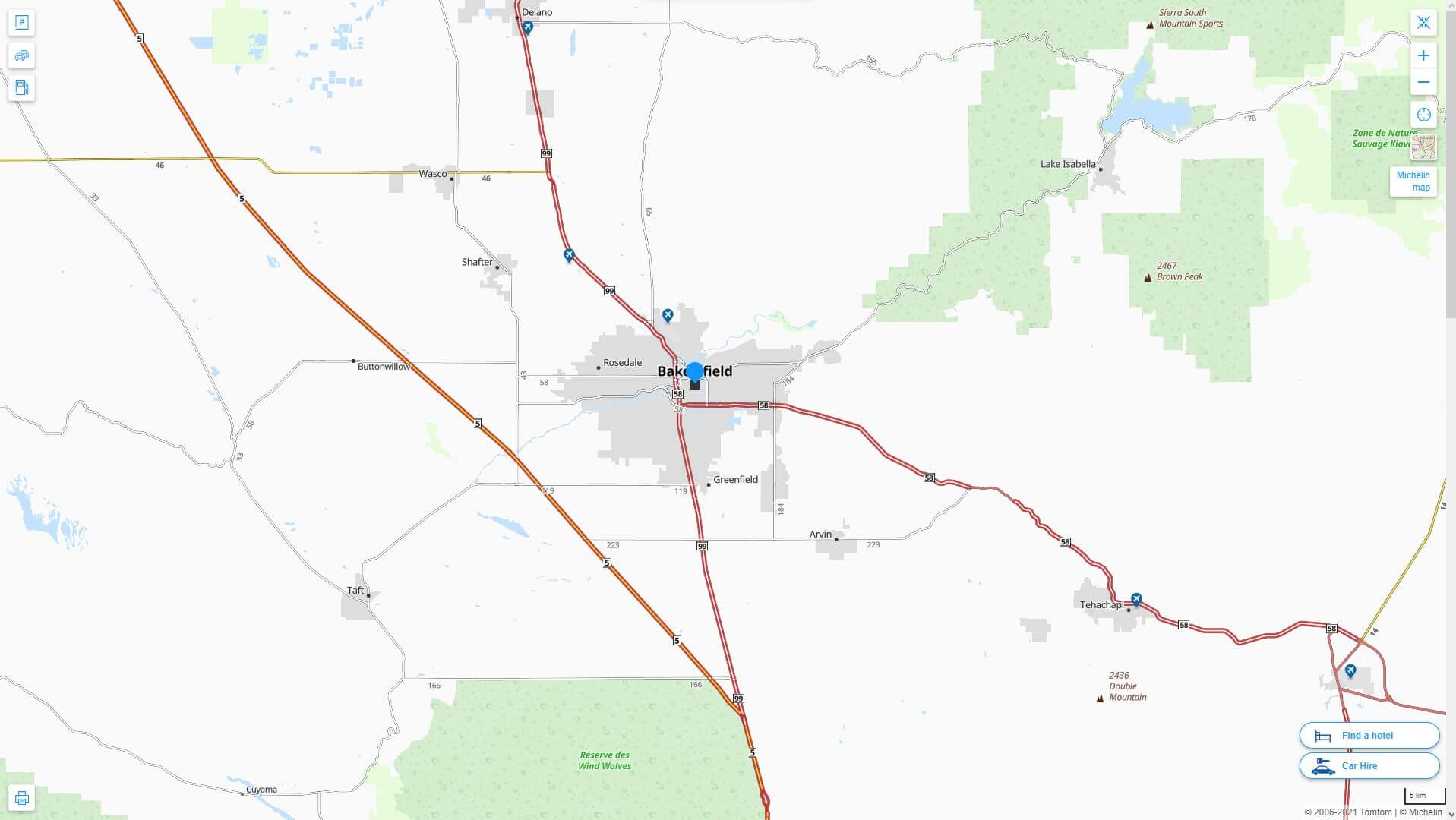 Bakersfield California highway and road map