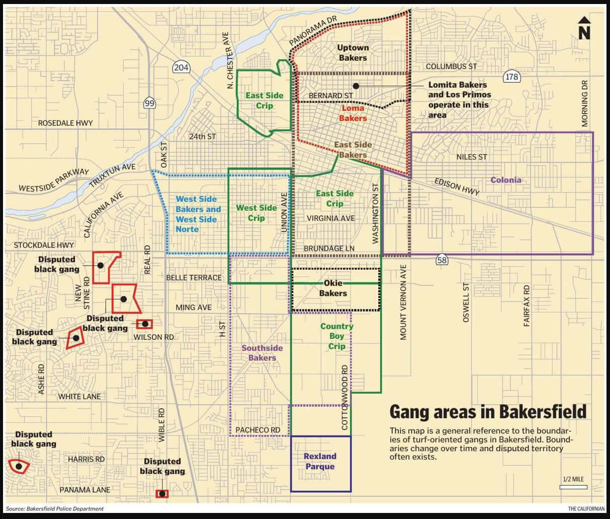 Gang areas map in Bakersfield