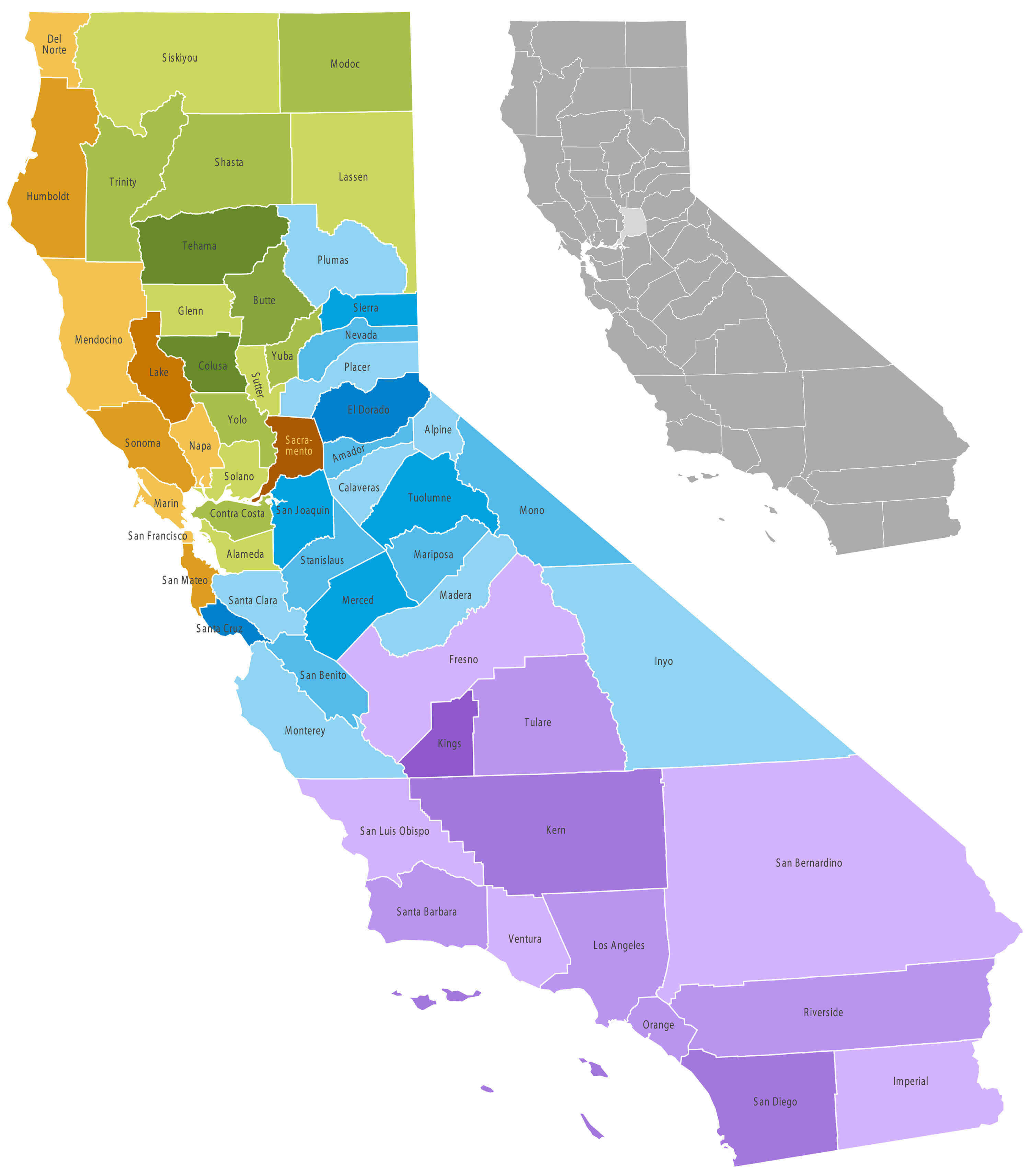 California counties with colored regions high-resolution map