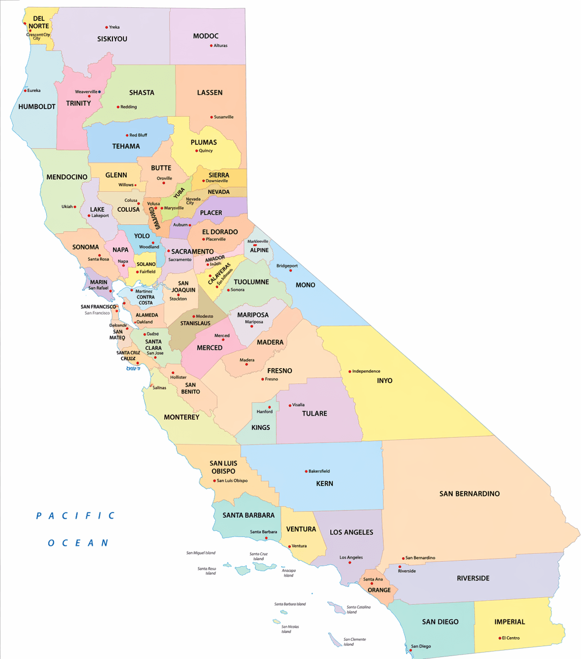California county map colorful detailed with city labels