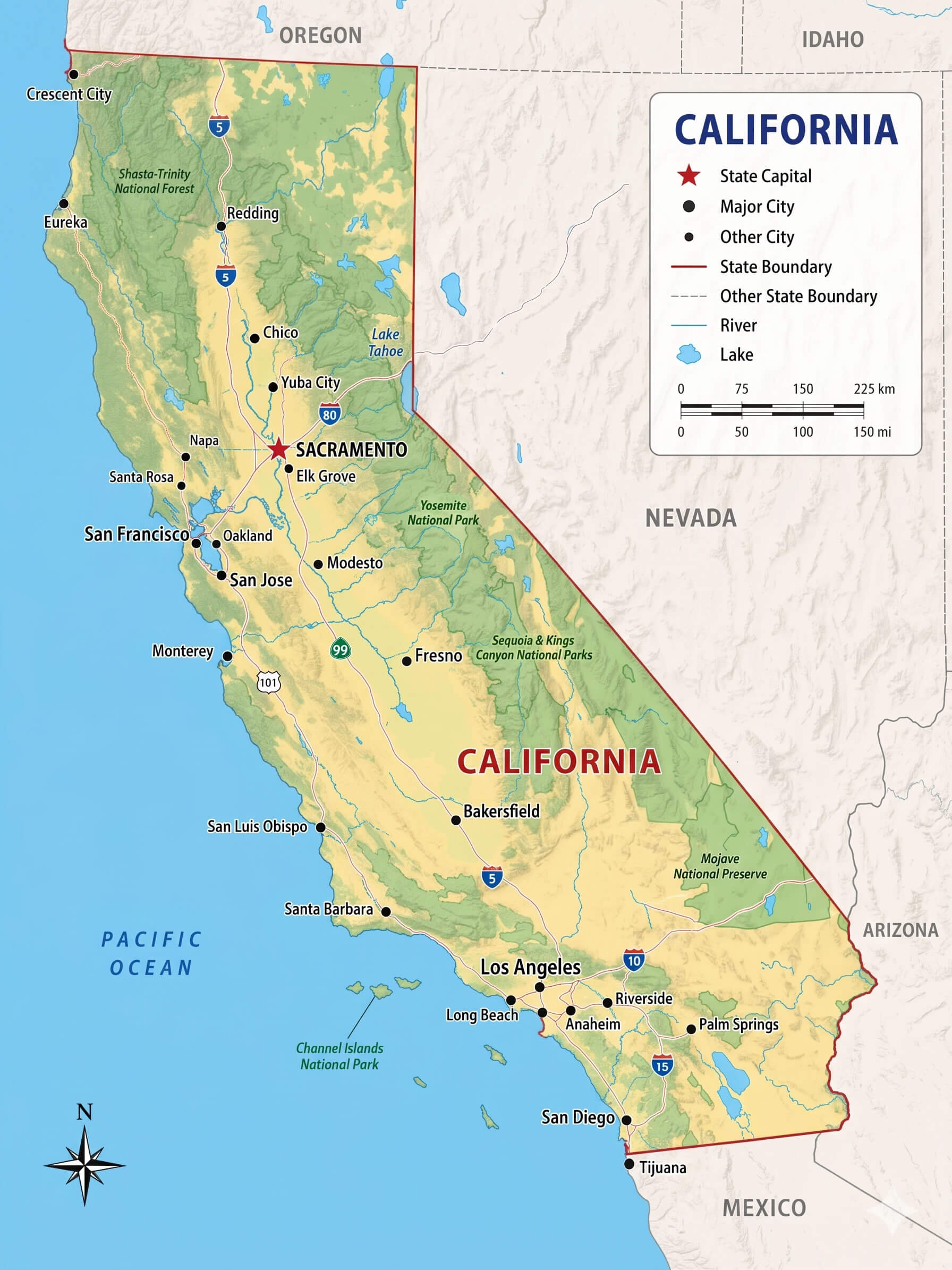 California map major cities and state boundaries detailed