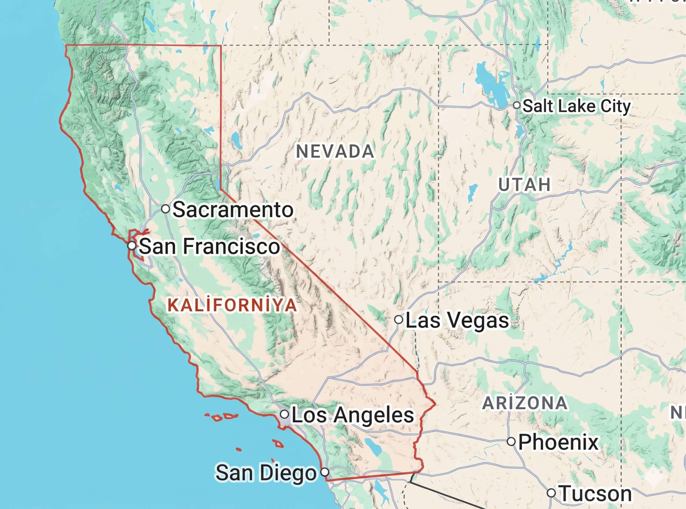 California map with major cities and neighboring states