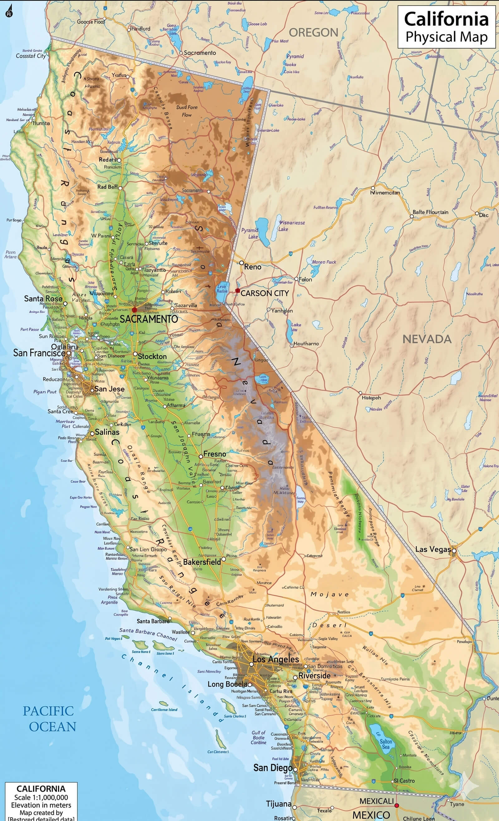 California physical relief map with terrain and elevation