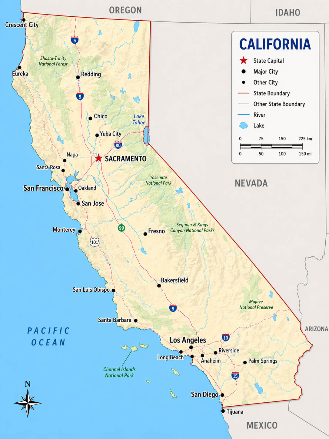 California political map major cities state boundaries detailed
