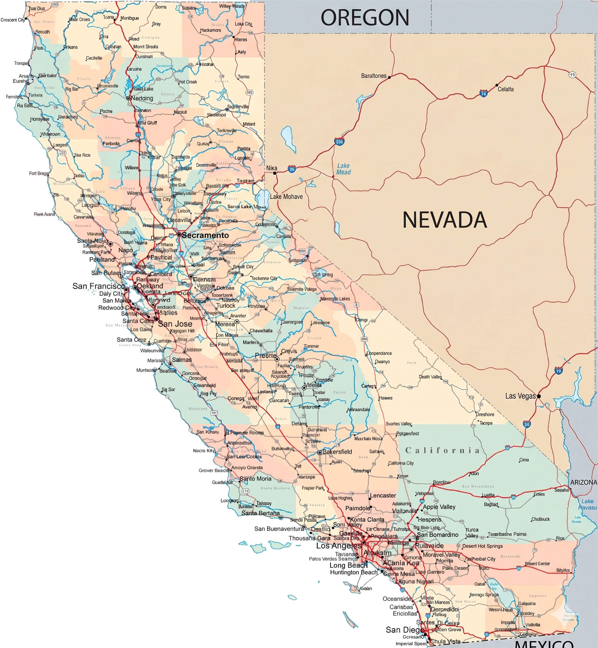 California road map detailed highways and cities