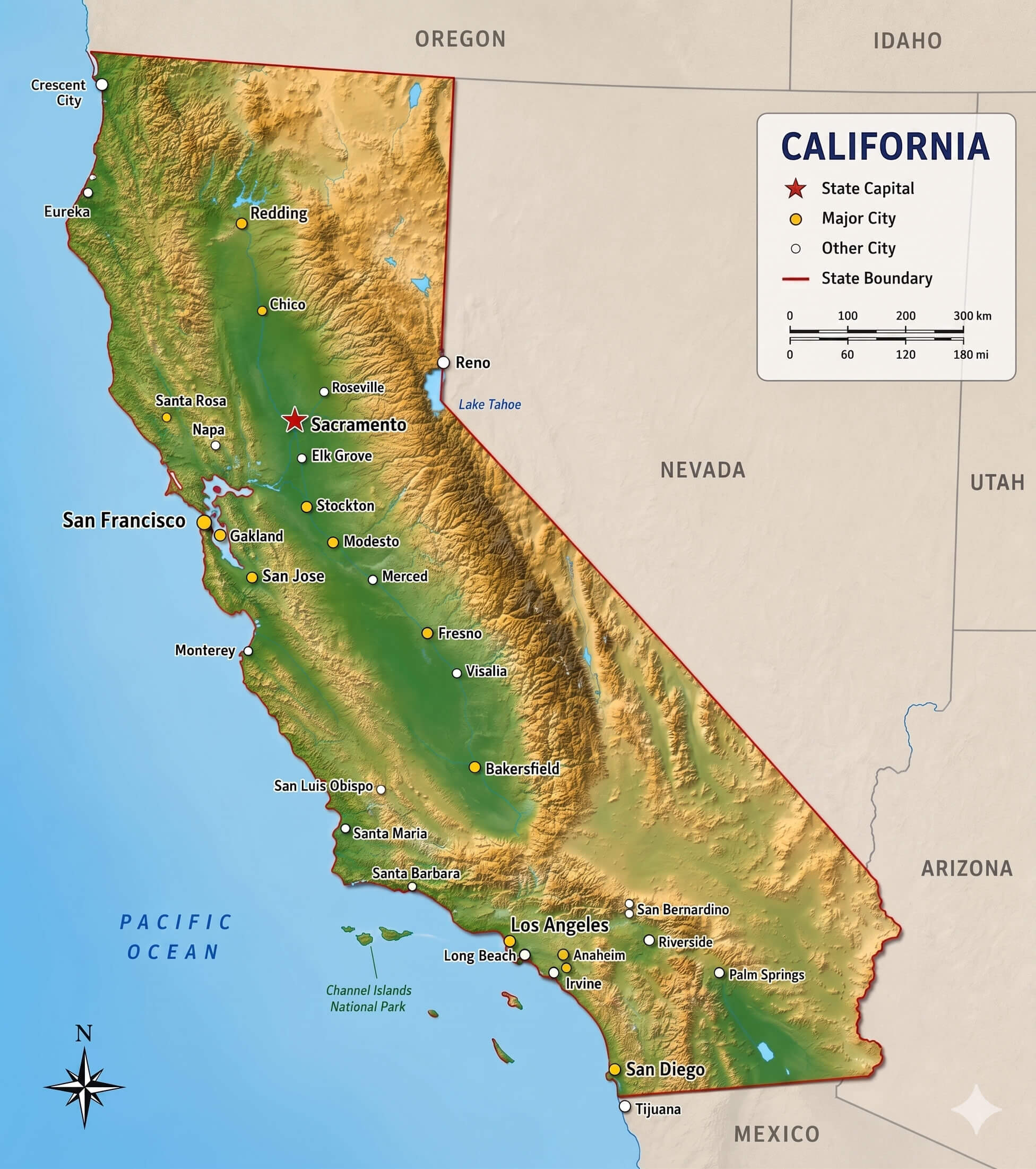 California topographic relief map major cities