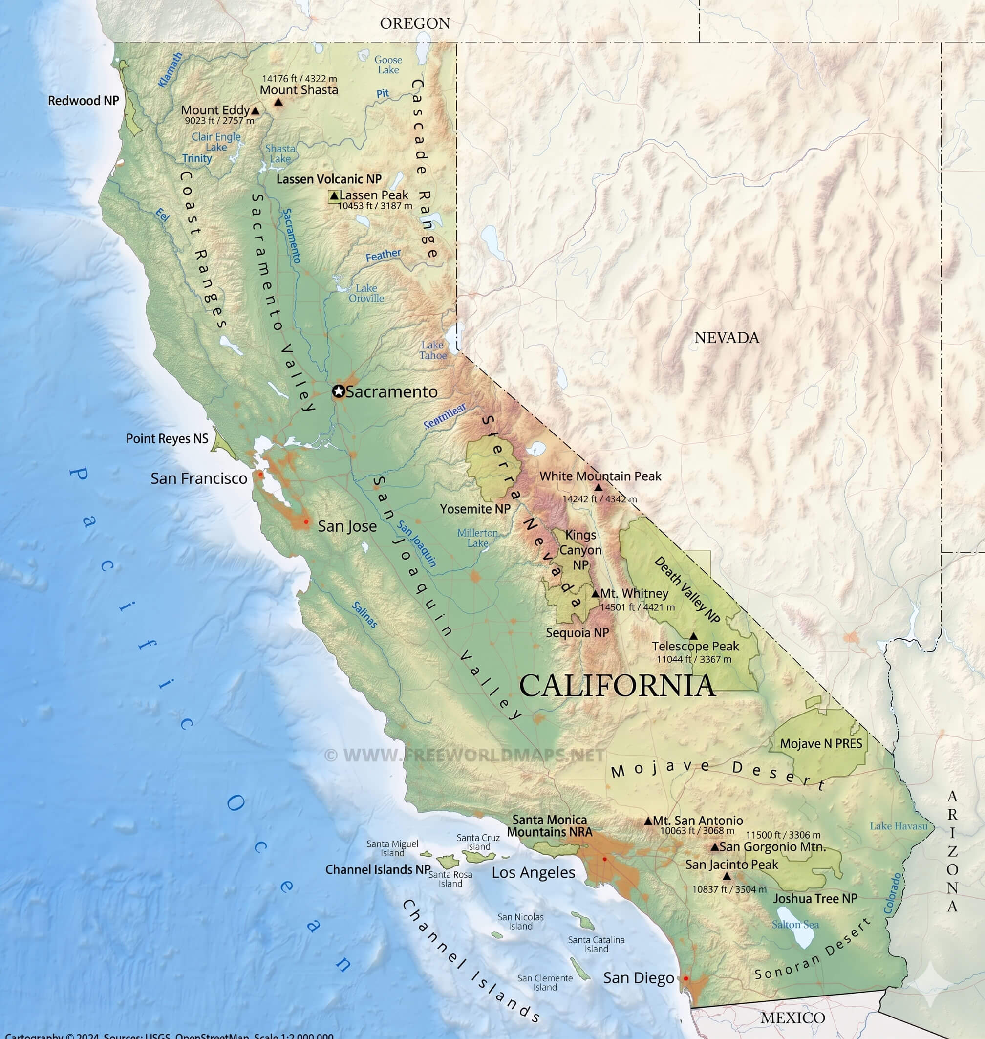 High resolution California physical relief map terrain elevation