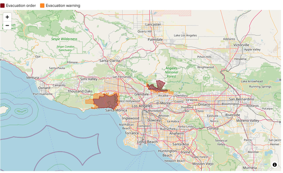 LA wildfires 2025 evacuation map