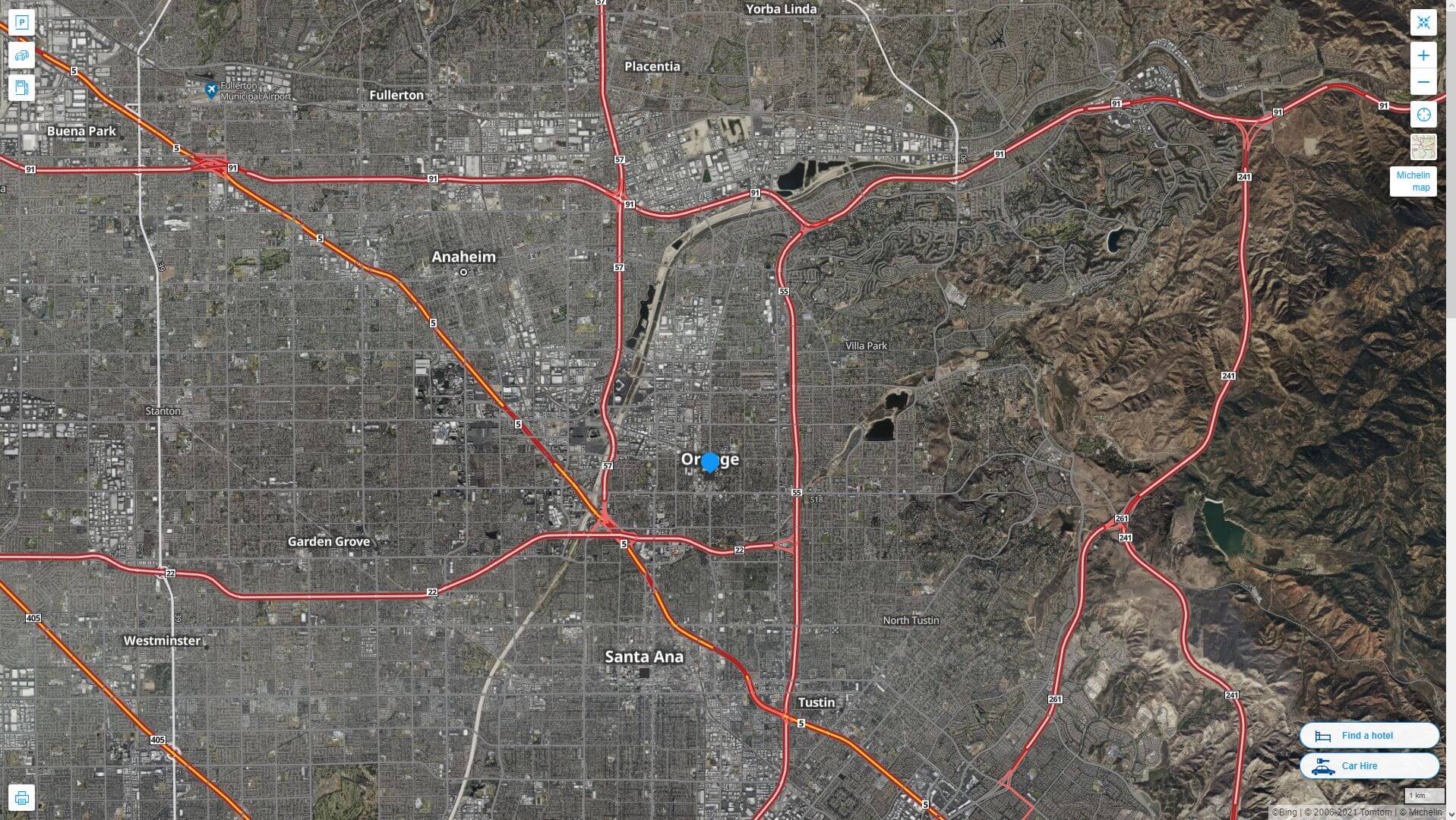 Orange County California highway and road map with satellite view