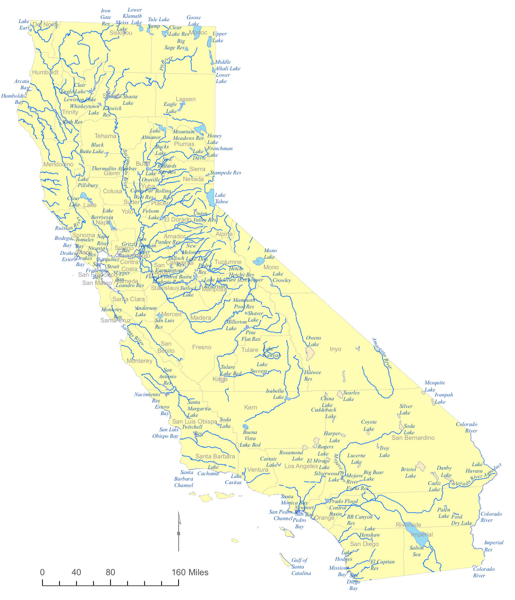 Map of California rivers with major waterways and their flow directions
