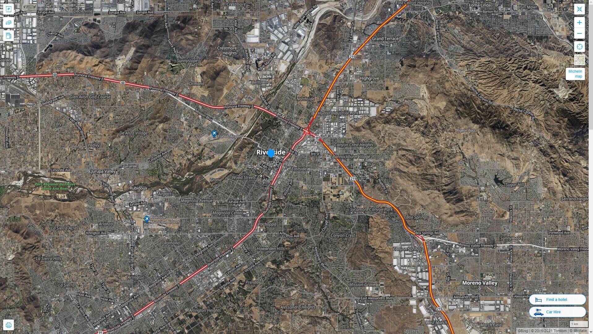 Riverside California highway and road map with satellite view