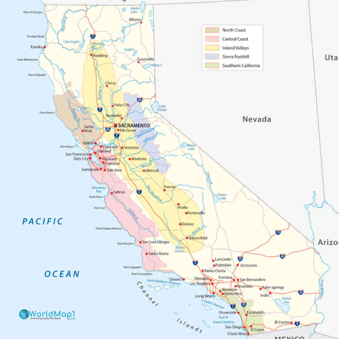 California Road Map 33 California road Map with lakes and rivers Map