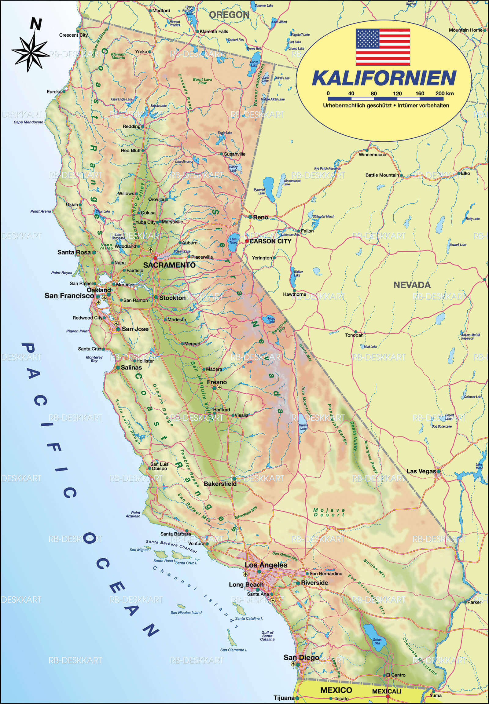California Road Map 36 Physical Map of California with main roads