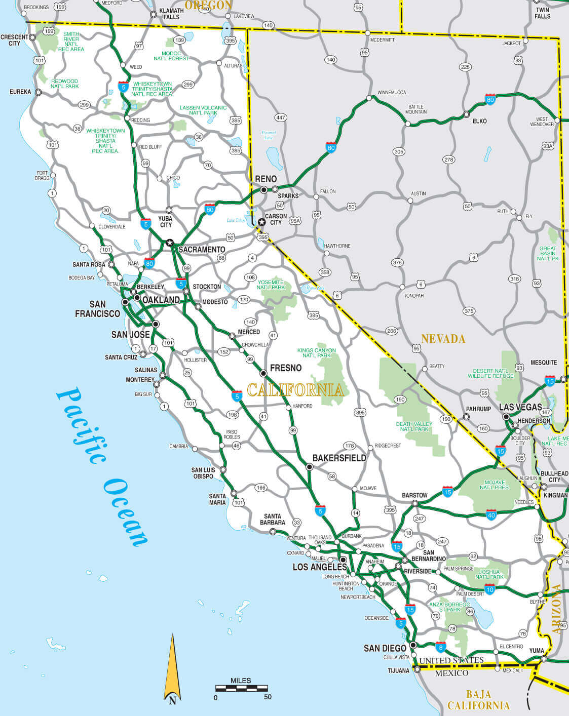 California Road Map 28 Road Map of California with highways, interstates, and major cities
